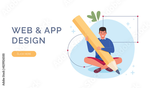 Man making redesign. Guy character with big pencil creating redesigning website, content illustrator ux designer creation ui visual application graphic project vector illustration