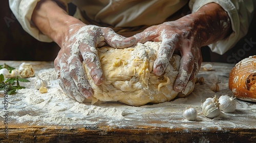 Hands of a baker kneading dough, capturing the rhythmic motion and texture of the flour-covered surface. Minimal and Simple style photo