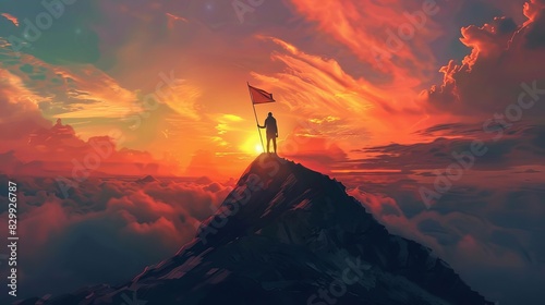 man with flag on top of mountain silhouette against sunset sky concept of achievement and success digital painting photo
