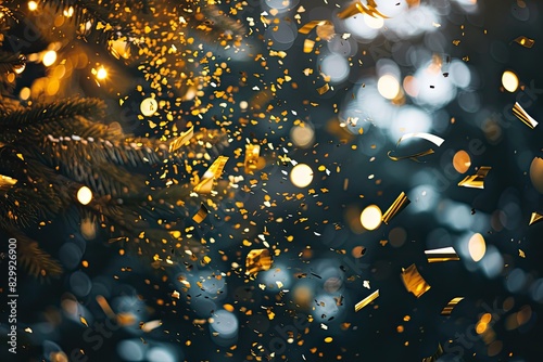 a blurry image of a bunch of gold confetti, Craft a dynamic scene with falling gold confetti and twinkling lights