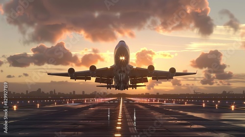 massive commercial jet taking off from airport runway at golden hour with landing gear extended ready for ascent 3d illustration