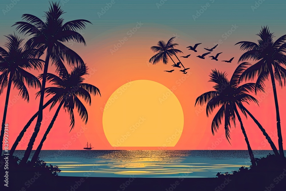 a sunset with palm trees and the ocean, Design a minimalist beach sunset with silhouettes of palm trees