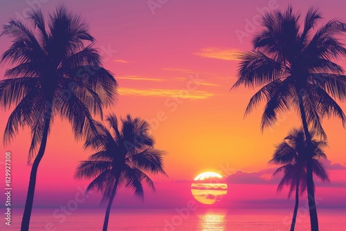 a sunset with palm trees and the ocean  Design a minimalist beach sunset with silhouettes of palm trees