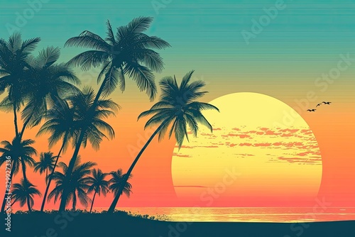 a sunset with palm trees and the ocean, Design a minimalist beach sunset with silhouettes of palm trees