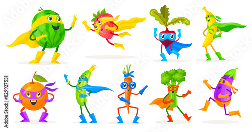 Superhero fruits and vegetables. Super fruit or vegetable hero cartoon characters, funny cute childish silly mascot banana orange vegan food fun character, neat vector illustration
