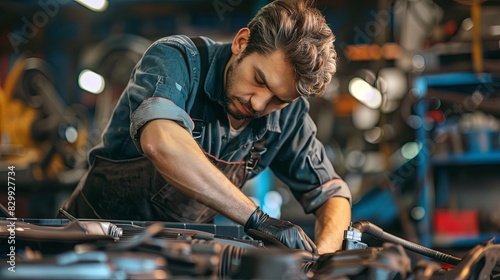 mechanic carefully checking car engine during diagnostic process in auto repair shop automobile maintenance and service concept