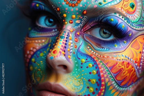 a woman with colorful face paint and a black background, A swirling nebula with vibrant colors and intricate patterns