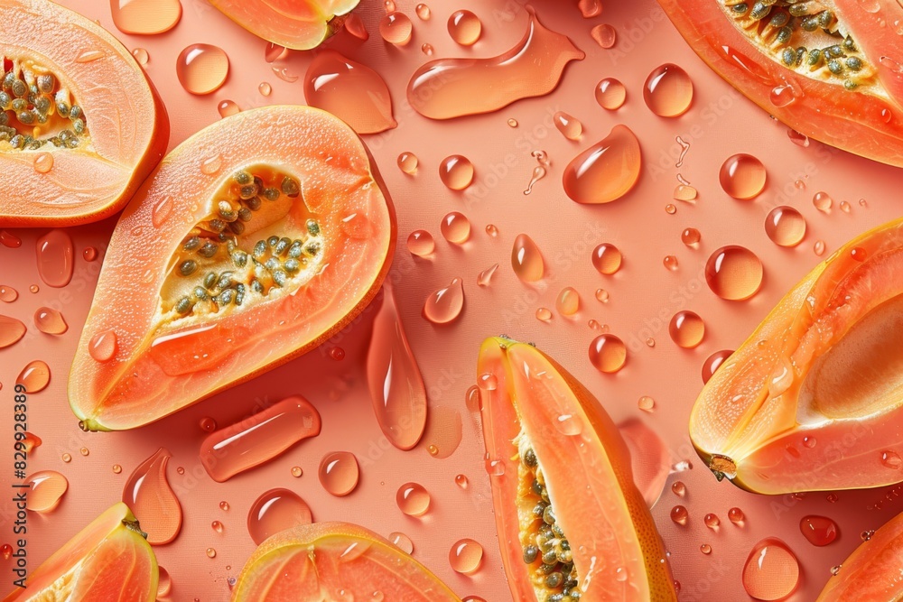juicy appetizing papaya with drops of juice on an orange background juicy appetizing papaya with drops of juice on an orange background