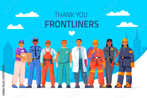 Essential workers. Frontline professional worker teamwork, hero work occupation people group in service job uniform police healthcare delivery plumber, recent vector illustration