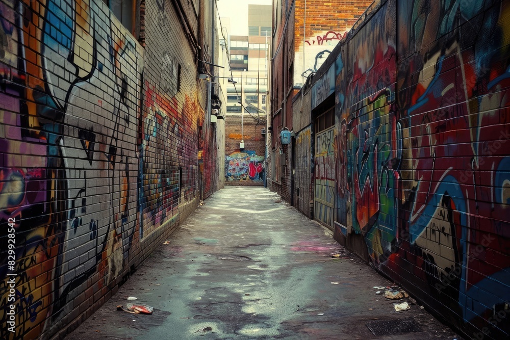 a narrow alley with graffiti on the walls, Graffiti-covered walls in an urban alleyway a narrow alley with graffiti on the walls, Graffiti-covered walls in an urban alleyway