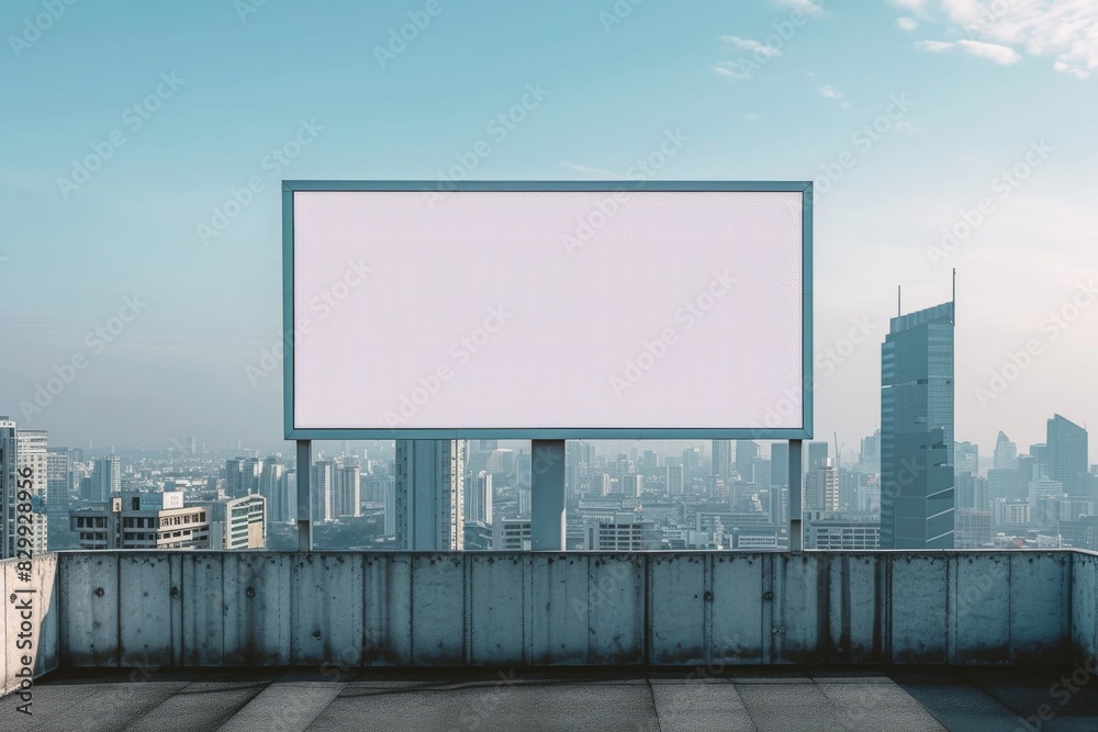 a billboard on a roof with a city in the background, Minimalist billboard mockup with a cityscape backdrop a billboard on a roof with a city in the background, Minimalist billboard mockup with a cityscape backdrop