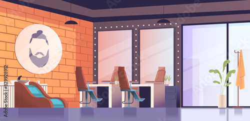 Barbershop interior. Hairdresser table inside beauty salon parlour room, barber chair workplace furniture hairstylist equipment for haircut, hairdressing classy vector illustration