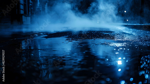 Dark street, wet asphalt, reflections of rays in the water. Abstract dark blue background, smoke, smog background. Generative AI.