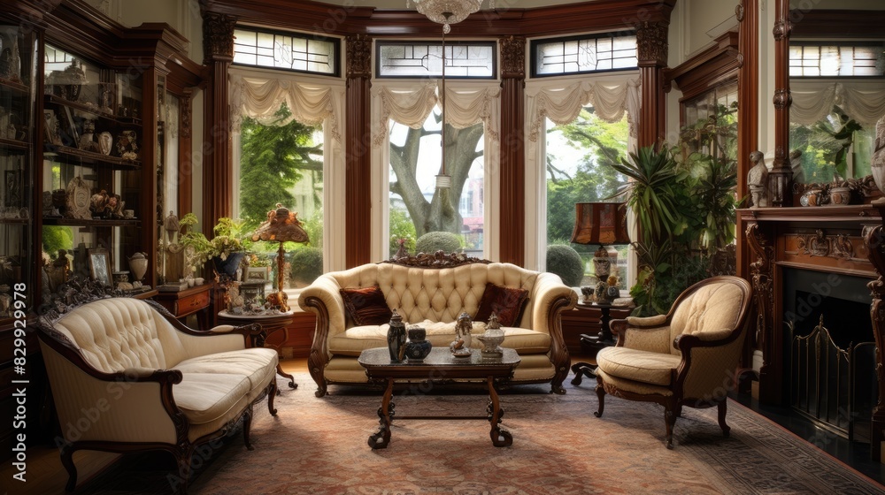 a room with a lot of furniture and a lot of windows, Victorian-style room with antique furniture and a large bay window