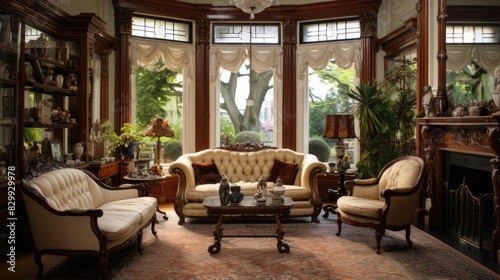 a room with a lot of furniture and a lot of windows, Victorian-style room with antique furniture and a large bay window