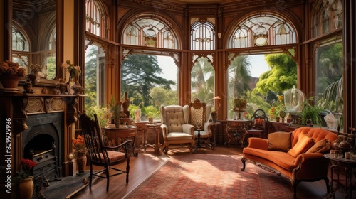 a room with a lot of furniture and a lot of windows  Victorian-style room with antique furniture and a large bay window