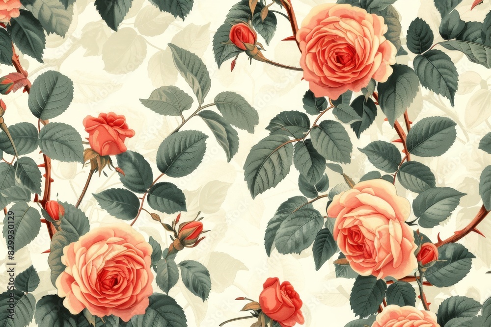 a rose pattern with red roses on a white background, Vintage floral pattern with climbing roses and lush leaves a rose pattern with red roses on a white background, Vintage floral pattern with climbing roses and lush leaves