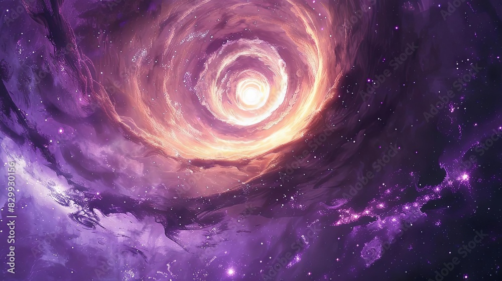 mesmerizing spiral galaxy swirling arms and bright core in purple nebulous space digital painting