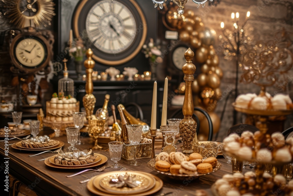 a table with a tray of glasses and candles, Vintage style decorations for a New Year's Eve party