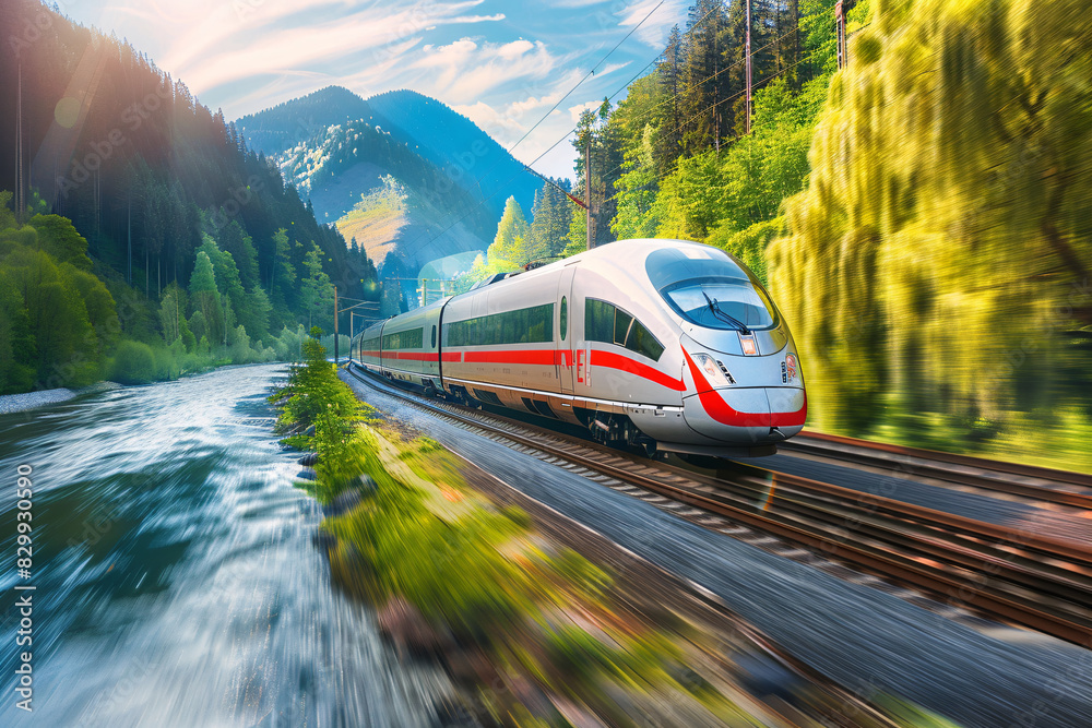 Fototapeta premium High-Speed Train Moving Fast with Motion Blur in Scenic Landscape