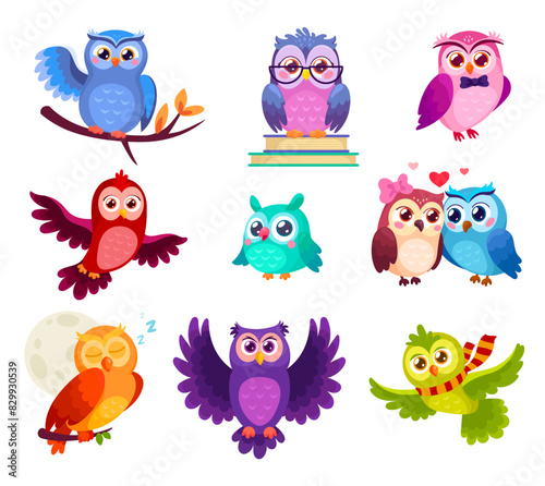 Comic owlet. Cartoon funny owl cute bird characters, face expression happy kid young owls big eye forest animal creature, childish adorable owlets set ingenious vector illustration