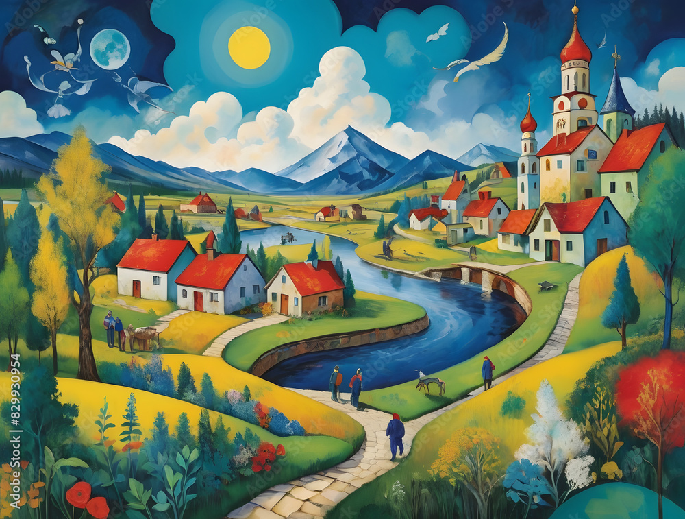 primativist style painting depicting a surrealist Russian village