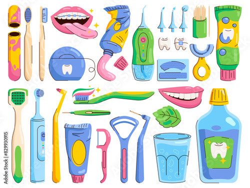 Mouth cleaning tools. Oral hygiene teeth care dental tools, mouthwash mint toothpaste flossing toothpicks toothbrush tooth brush floss medical accessory, swanky vector illustration photo