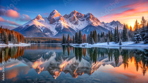 Wildnis in Kanada mit See, Wäldern und Bergen - Rocky Mountains - Atemberaubende Landschaft mit Schnee im Winter - AI generiert