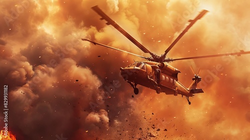 military helicopter flying through flames and smoke in desert warzone dramatic action scene wide poster design with copy space