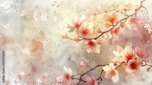 Delicate watercolor painting of a cherry blossom branch with pink flowers against a textured beige background.