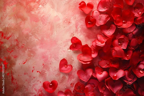 Pile of red rose petals on a pink background for Valentine's Day content