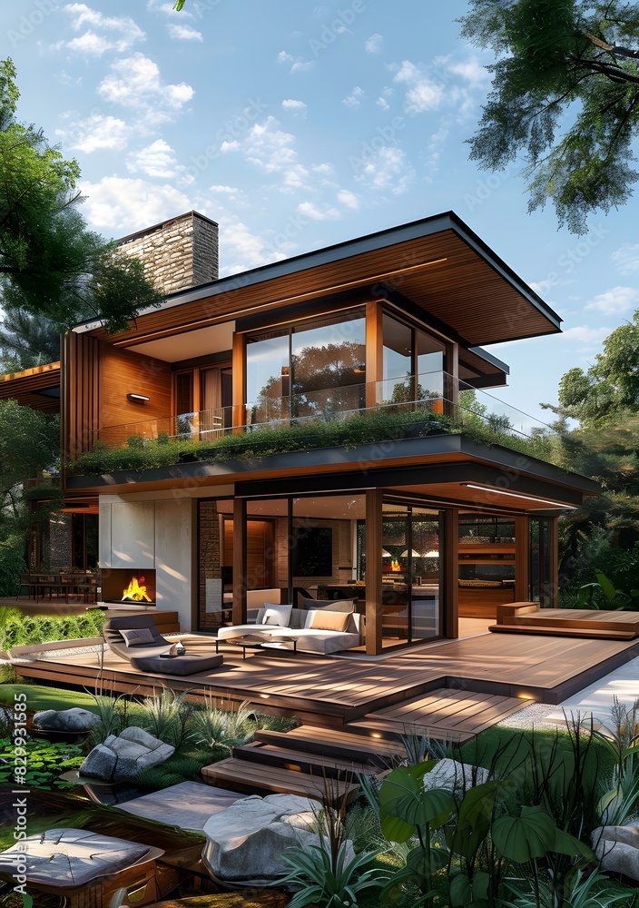 Fototapeta premium Modern House Exterior Design with Large Glass Windows and Wooden Deck