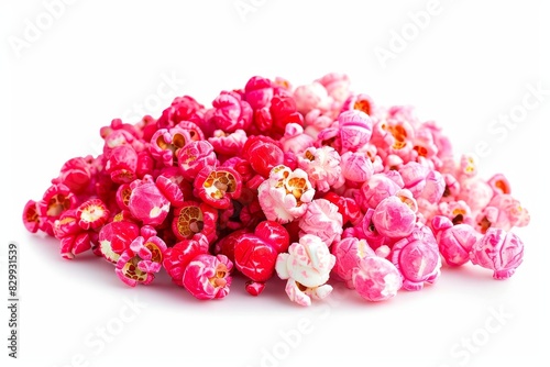 Pile of red and pink popcorn on white background. Suitable for watching a comfortable film with delicious savory and sweet snacks.