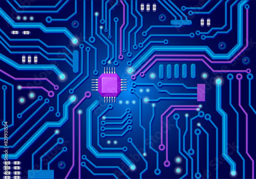 Motherboard pcb background. Circuit board texture, computer digital system blueprint, processor microchip electrical pcb ai sci-fi futuristic technology, neat vector illustration