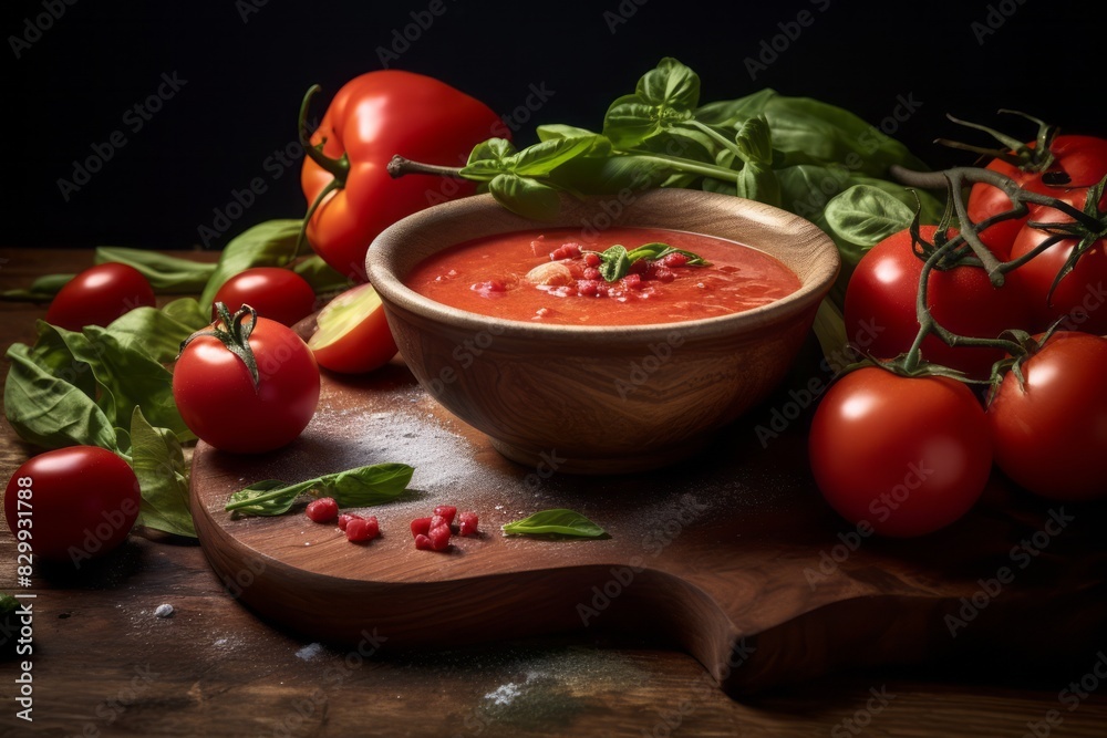 Juicy gazpacho on a wooden board against a painted gypsum board background Juicy gazpacho on a wooden board against a painted gypsum board background