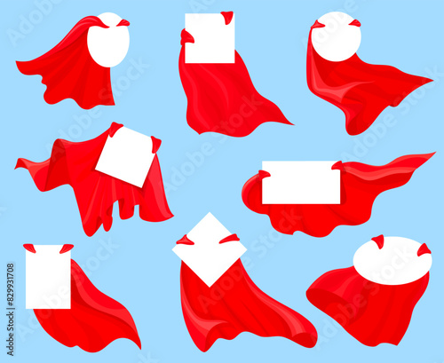 Red cape badges. Superhero capes labels, isolated flying fashion satin cloth blank emblems business sale prices, super hero magician cloak