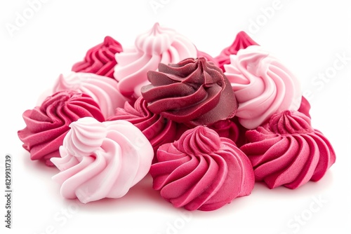 Pile of red, pink and chocolate meringues isolated on white background with copy space. Patern, special Valentine's day background.