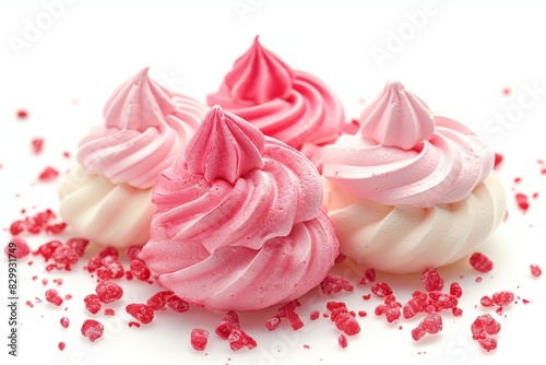 Red and pink meringue isolated on white background with copy space. Special Valentine's Day food theme patern.