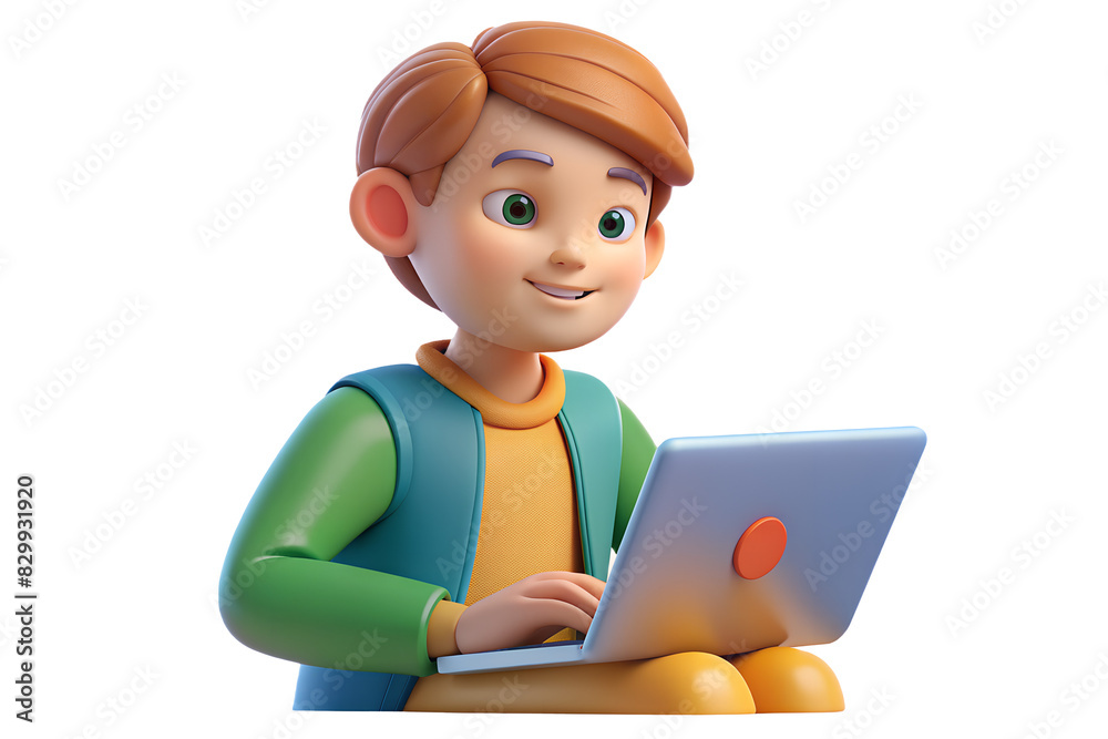Cut out young colorful boy studying online with laptop, Plastic 3D, illustration. White isolated transparent background. Cut out young colorful boy studying online with laptop, Plastic 3D, illustration. White isolated transparent background.