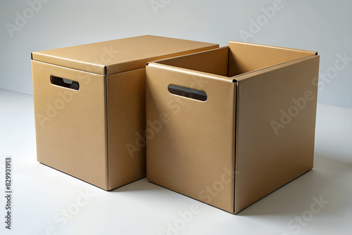 Realistic cardboard box mockup.3D render illustration isolated on white background. Front and half side view. Can be use for food, cosmetic, pharmacy, sport.
