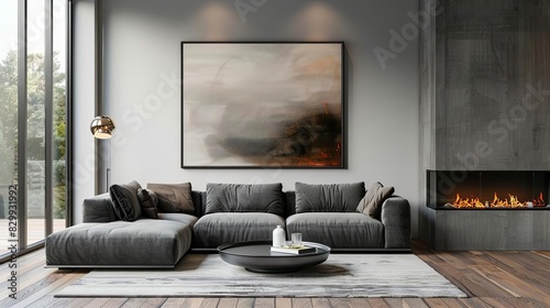 minimalist grey corner sofa by glass fireplace serene modern living room interior design digital painting