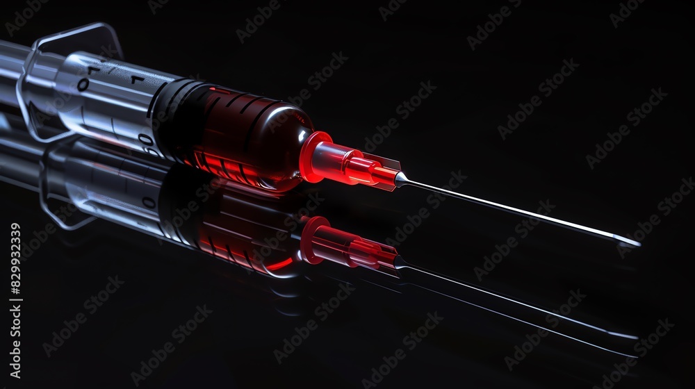 Syringe lying on a reflective black surface, with soft lighting highlighting its form Syringe lying on a reflective black surface, with soft lighting highlighting its form