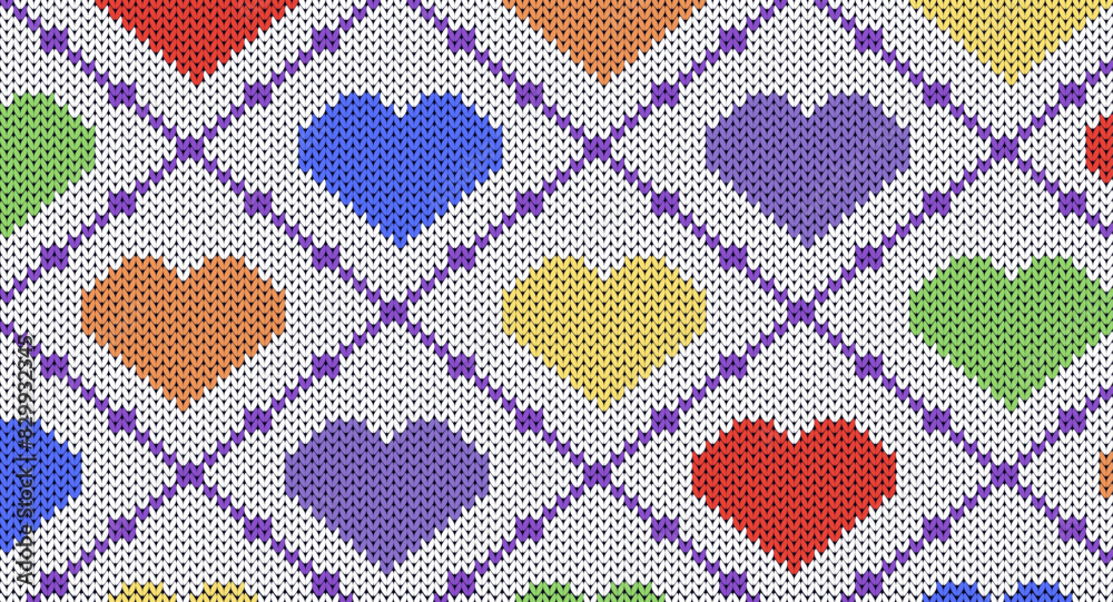 Rainbow heart knitted pattern, Pride month knitted design, Festive Sweater Design. Seamless Knitted Pattern, Christmas concept. Rainbow heart knitted pattern, Pride month knitted design, Festive Sweater Design. Seamless Knitted Pattern, Christmas concept.