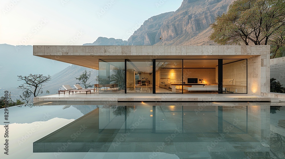 Fototapeta premium The podium's reflective surfaces mirror the natural beauty that surrounds it, blurring the boundaries between artifice and nature. Minimal and Simple style