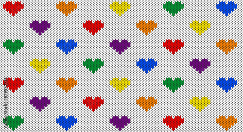 Rainbow color hearts and  on white knitted design, Pride month knitted, Festive Sweater Design. Seamless Knitted Pattern, Chritmas knitted.