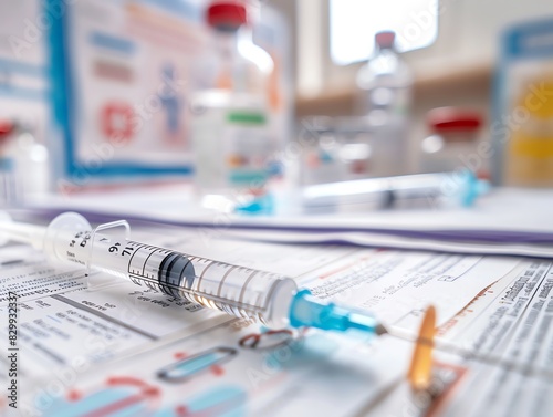 Syringe lying on a table in a clinic, with medical posters in the background photo