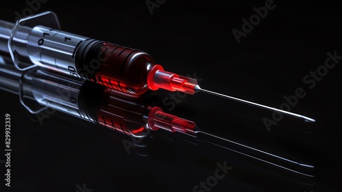 Syringe lying on a reflective black surface, with soft lighting highlighting its form