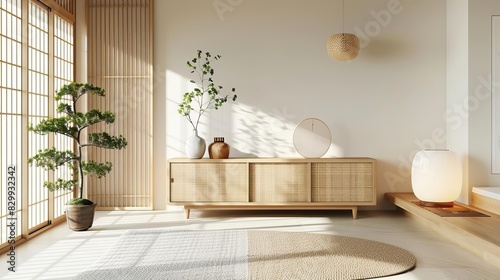 minimalist japanesestyle living room interior with wooden sideboard and wall decor modern home design 3d render photo