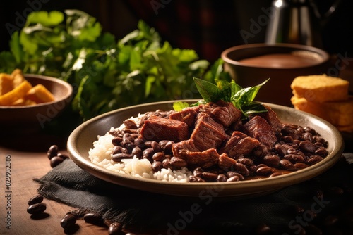 Tempting feijoada on a palm leaf plate against a painted gypsum board background