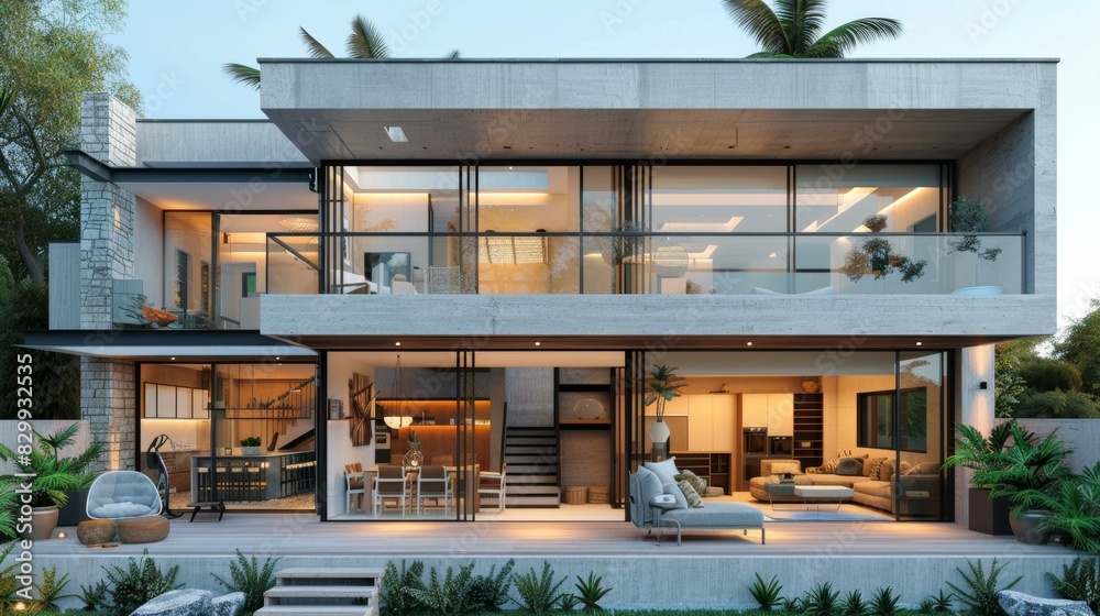 Fototapeta premium Modern Villa with Lush Garden and Chic Pool